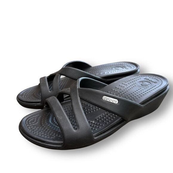 Crocs Patricia Black Criss Cross Wedge Sandals Women's Size 7 - Picture 3 of 12